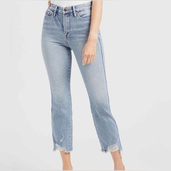 Good American Denim - Good American Good Curve High Waist Frayed Hem Cutoff Straight Leg Jeans size 25